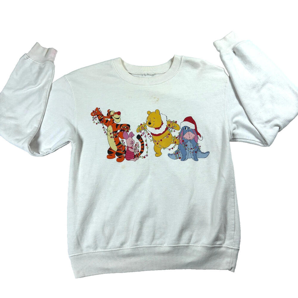 Disney Pooh Sweatshirt Womens Medium White Christmas Vintage Graphic Crewneck!